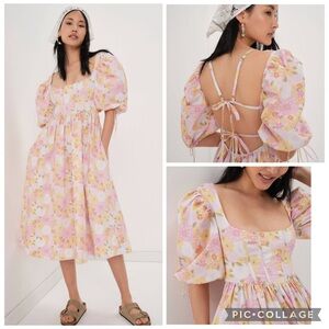 For Love & Lemons Carrie Midi Dress XS Pink Floral Puff Sleeve Corset Sundress